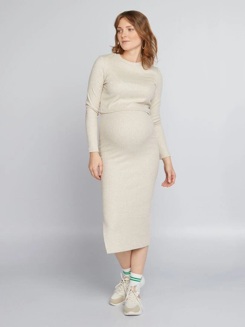Pull cropped grossesse en maille côtelée Beige