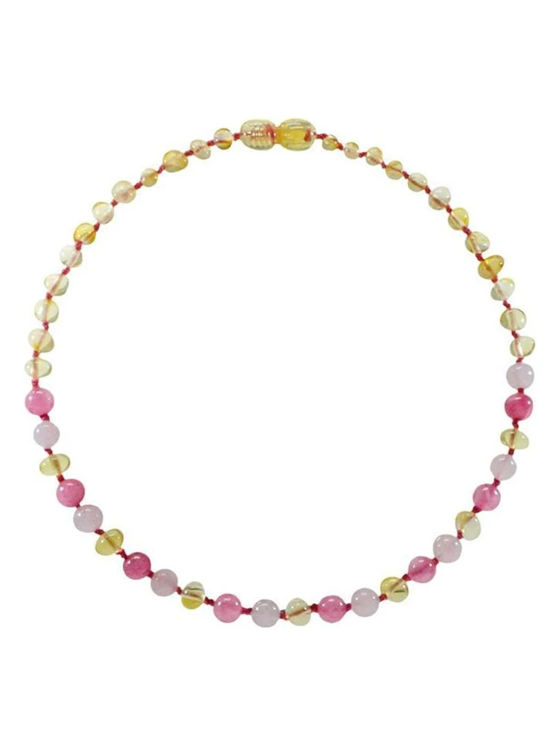 Collier bébé Ambre et pierres naturelles Ambre Lemon/Quartz rose/Calcédoine Rose