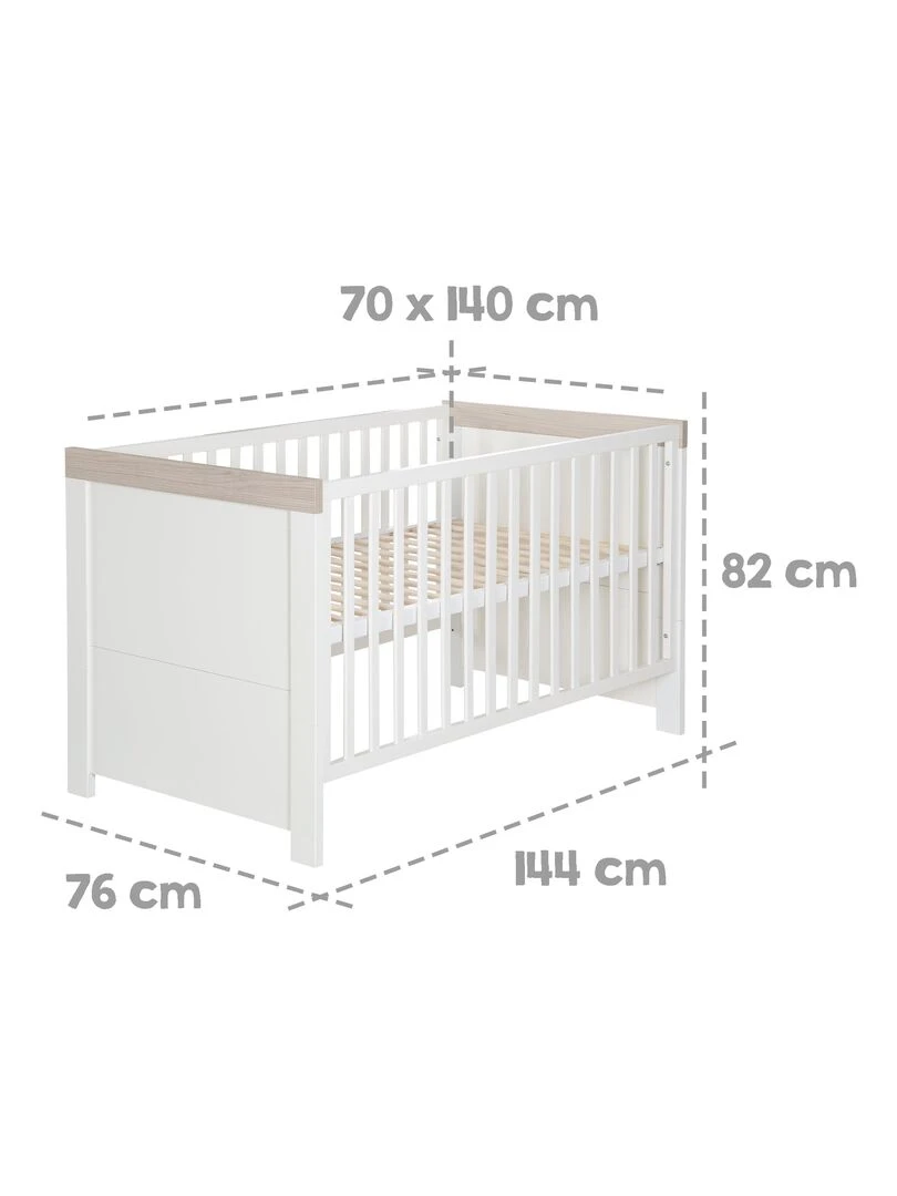 ROBA Lit bébé évolutif "Lucy"   70x140   Hauteur Réglable   0 à 7 Ans   Blanc/Décor 'Luna elm'   Blanc