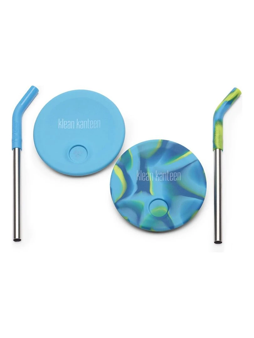 Set de 2 couvercles avec pailles Blue Tie Dye Multicolore