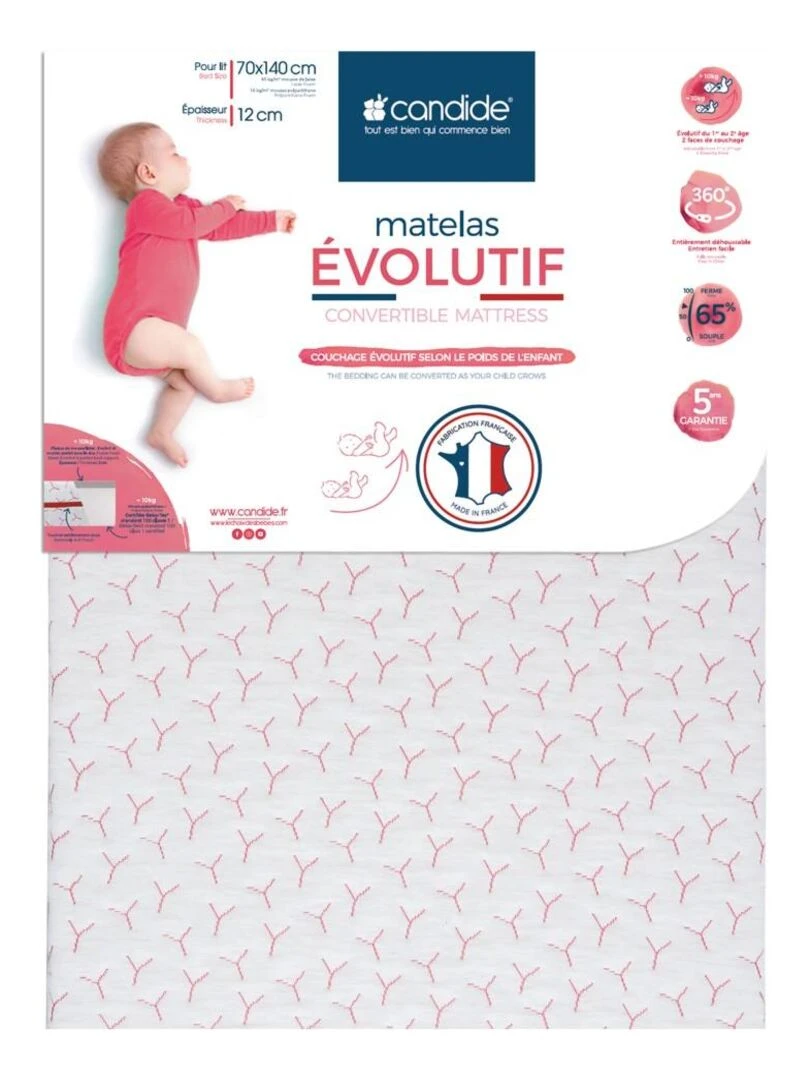 Matelas bébé Évolutif déhoussable 70cm x 140cm x 12cm Blanc