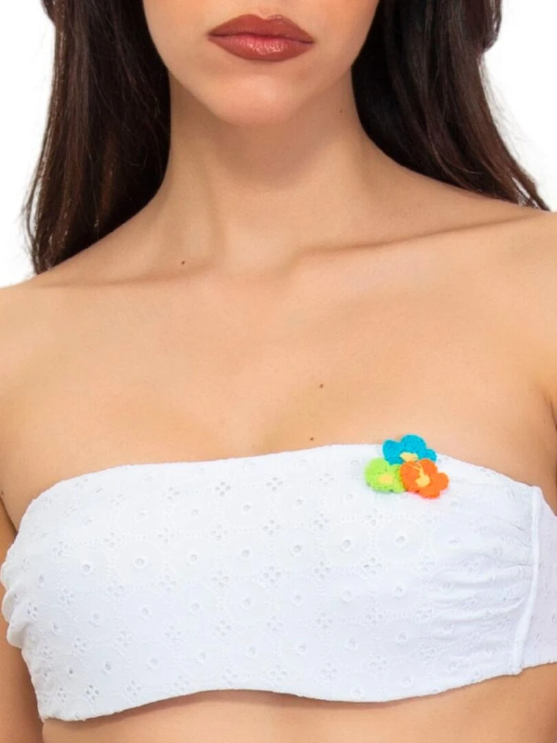 Haut de maillot bandeau avec armatures broderie anglaise Sangallo Blanc