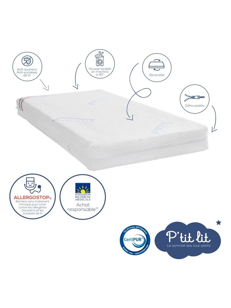Matelas Bébé Allergostop®   60x120 cm   Déhoussable   Blanc