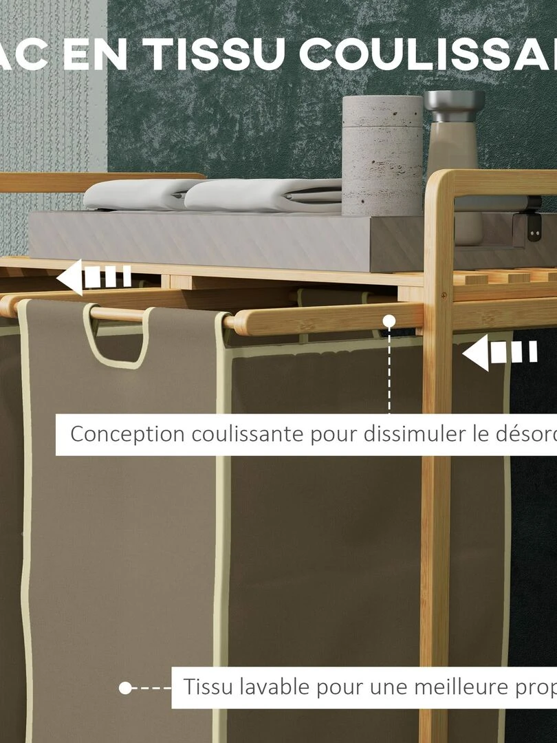 Panier à linge corbeille à linge bambou 2 paniers amovibles crème   Beige/Blanc