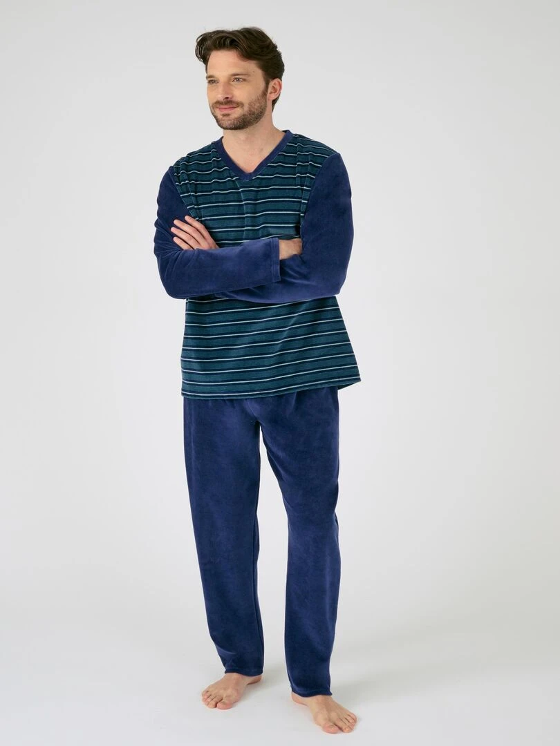 Pyjama velours rayé mélange coton Damart Bleu