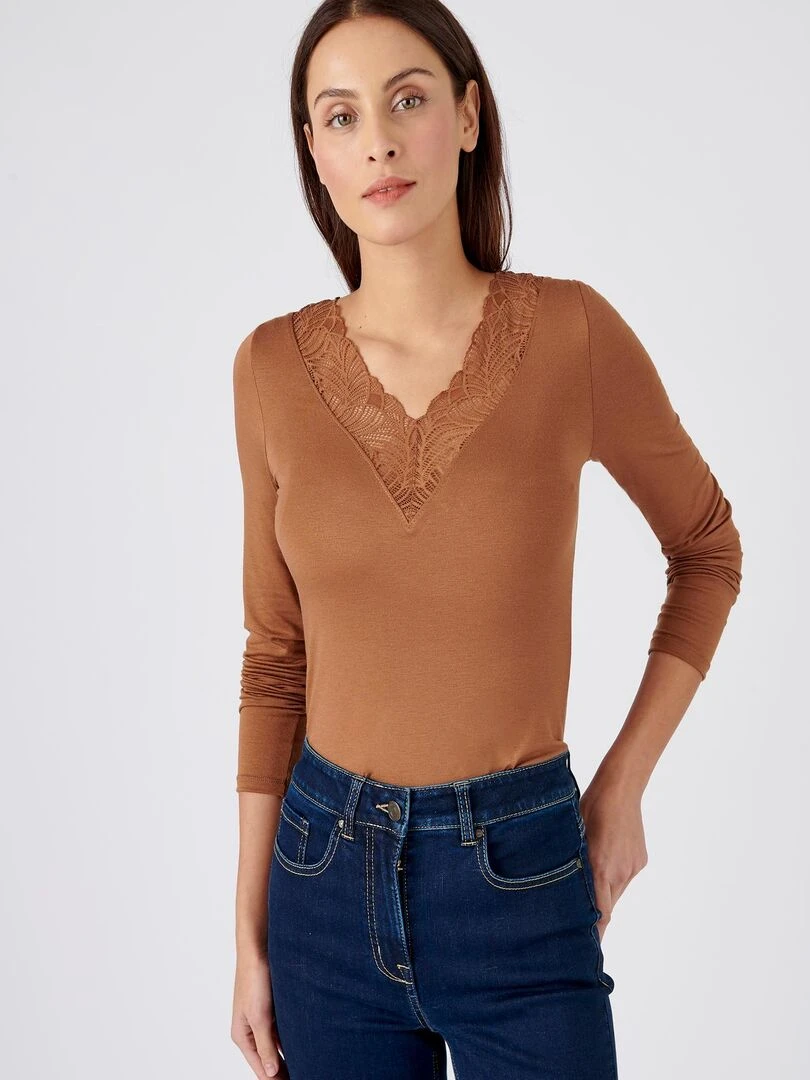 T shirt manches longues dentelle Thermolactyl invisible Damart Marron