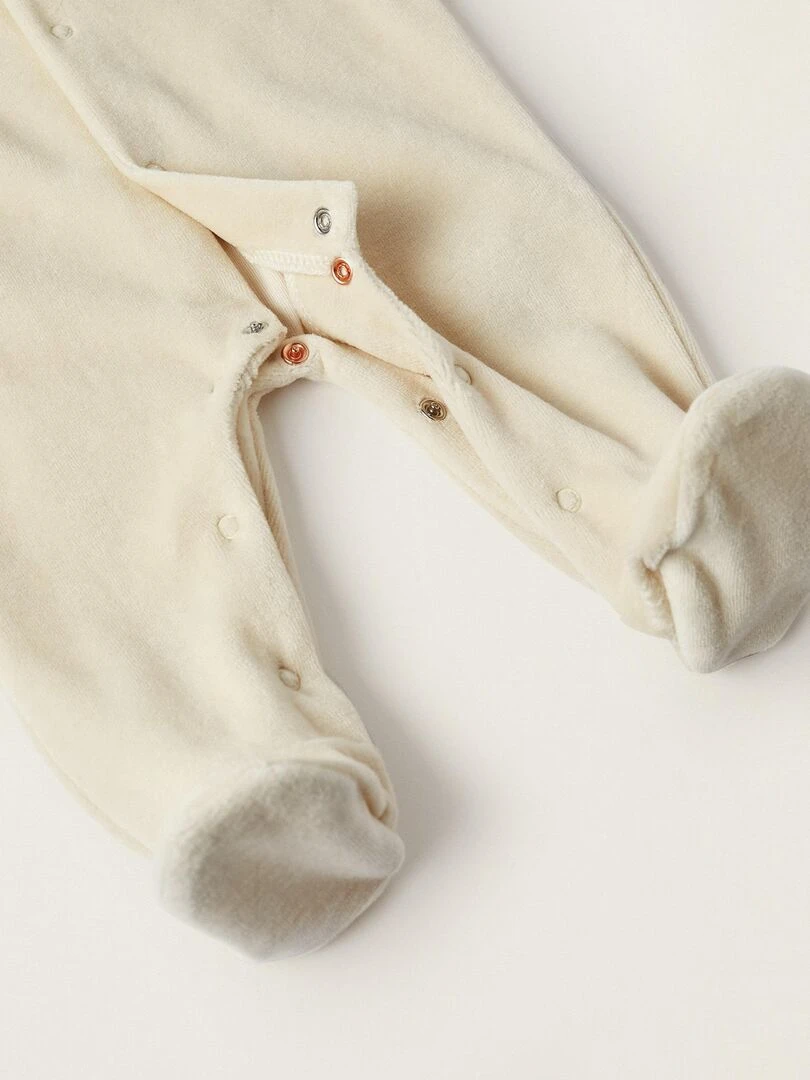 Combinaison en velours + Bavoir pour Nouveau né 'Lapin' manches longues EARLY BLOOM   Beige clair