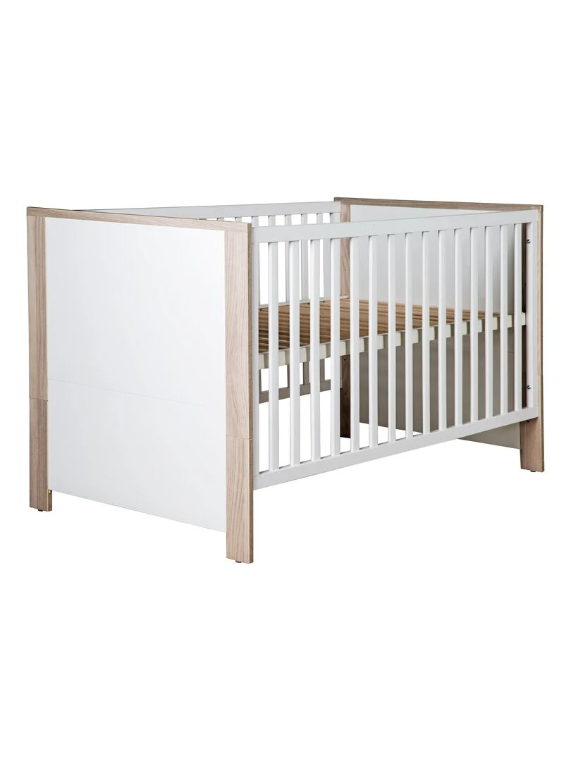 ROBA Lit bébé évolutif "Olaf" 70x140 Hauteur Réglable 3 Barreaux Amovibles Blanc/Décor Bois Blanc