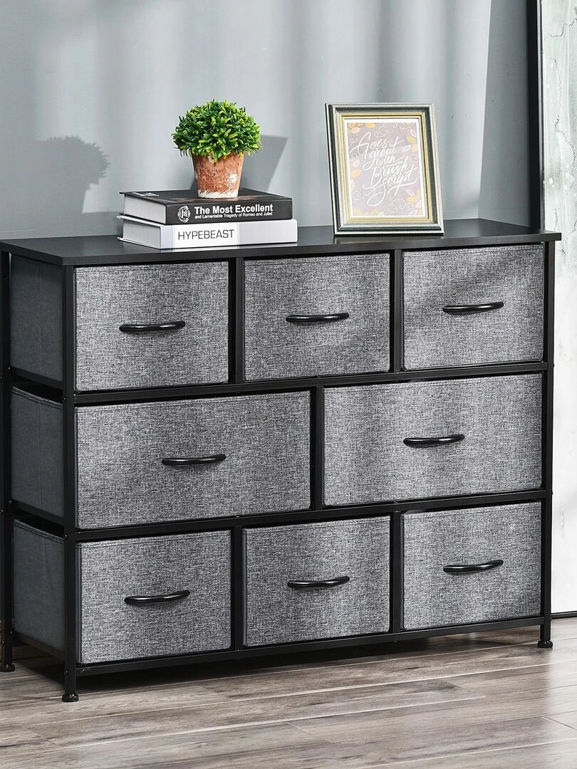 Rangement commode 8 tiroirs acier MDF noir tissu gris Gris