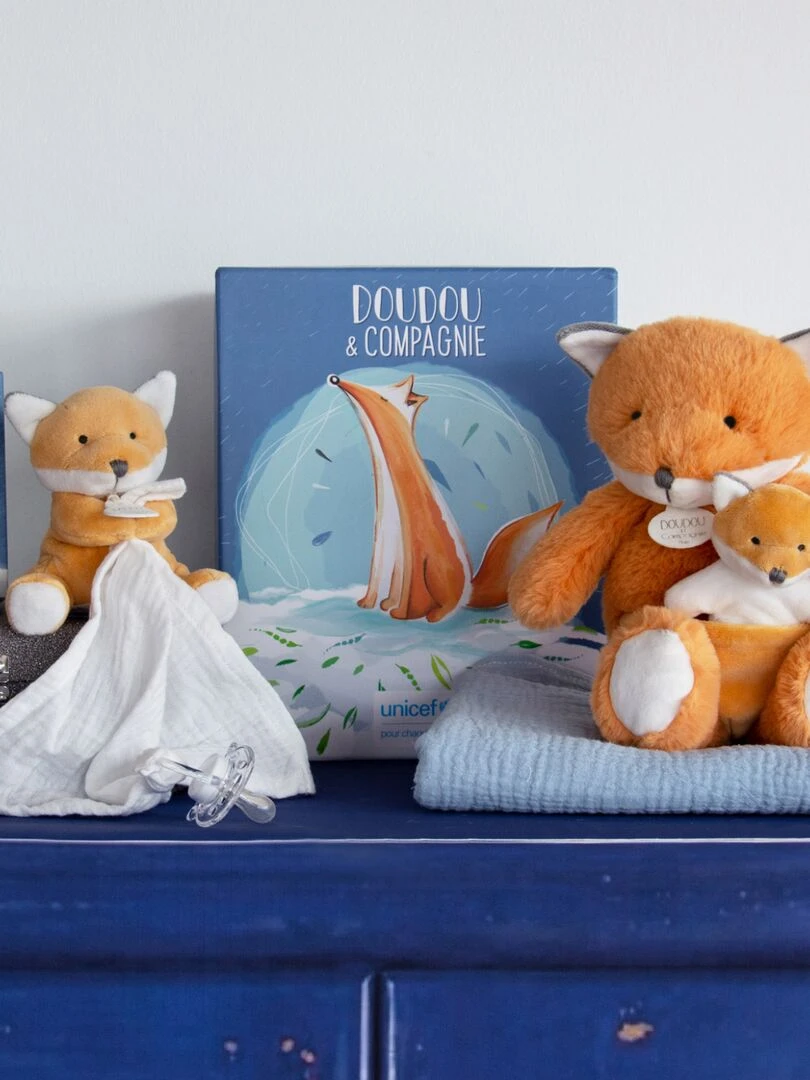 Coffret doudou attache sucette Renard UNICEF   Blanc