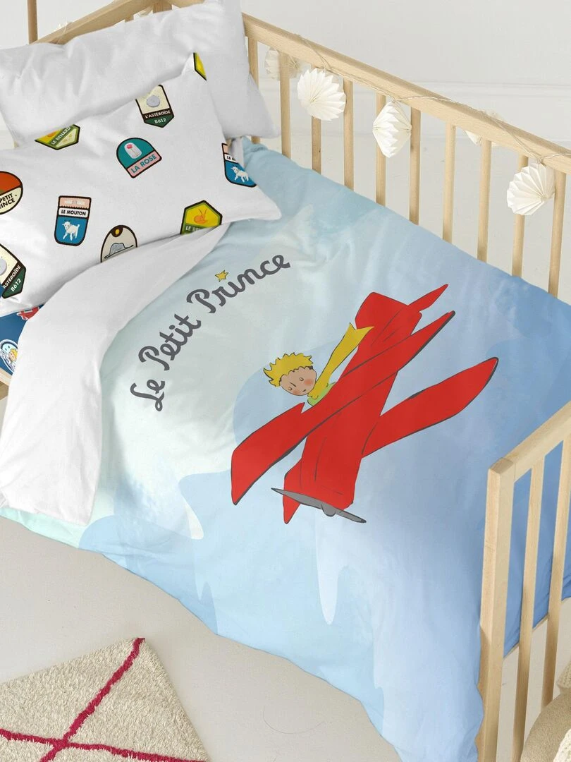 Parure housse de couette 2 pièces Son avion Lit Bébé "Happyfriday" Bleu Rouge