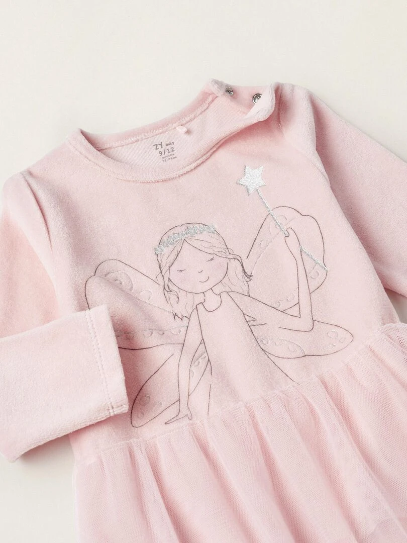 Grenouillère en velours avec tulle et paillettes pour bébé fille 'Fée'  BOUQUETS DES MIMOSAS   Rose clair