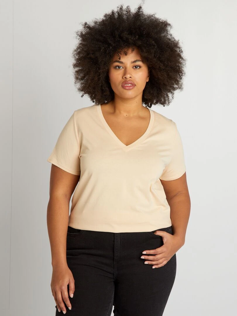 T shirt en jersey à col V Beige