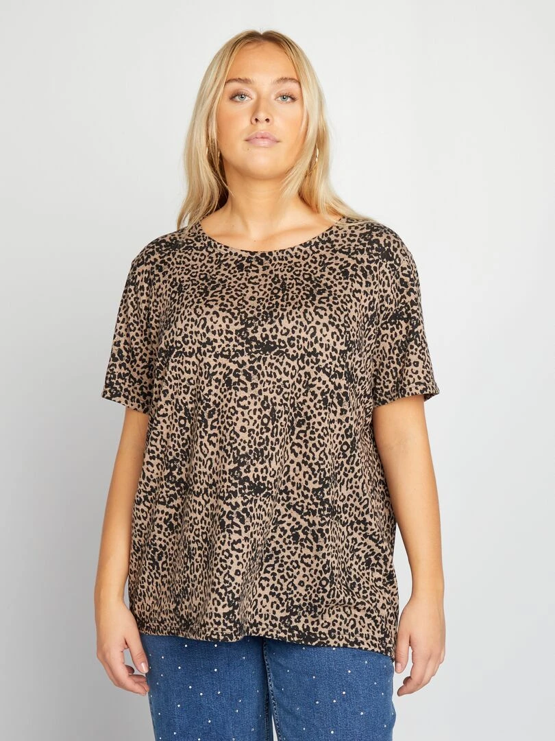 T shirt à col rond 'léopard' 'Only Carmakoma' Beige/noir