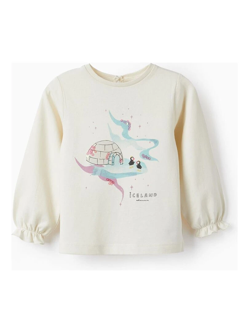 T shirt en coton pour fille 'Islande Macareux' manches longues NORTHERN CALLING Blanc