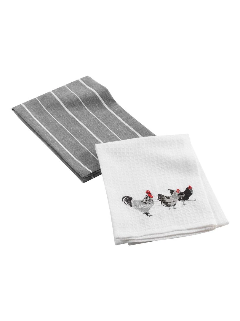 Lot de 2 torchons Auberge des poules Blanc
