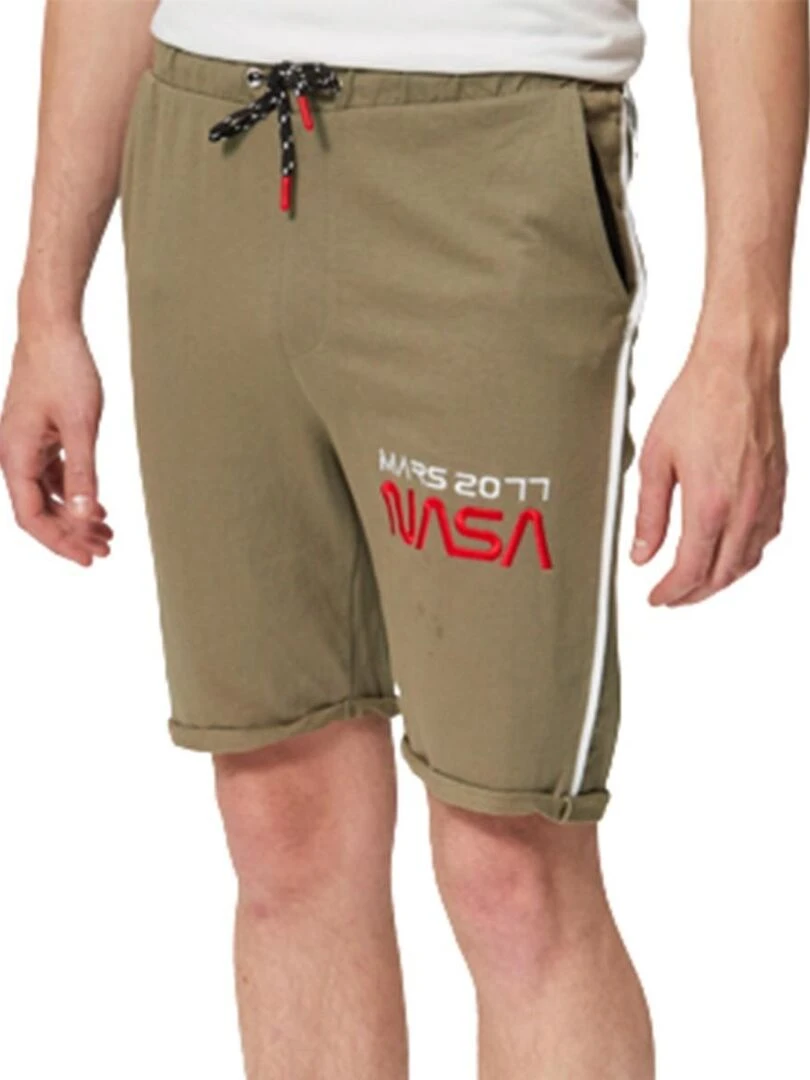 Nasa Bermuda homme imprimé logo en coton Kaki