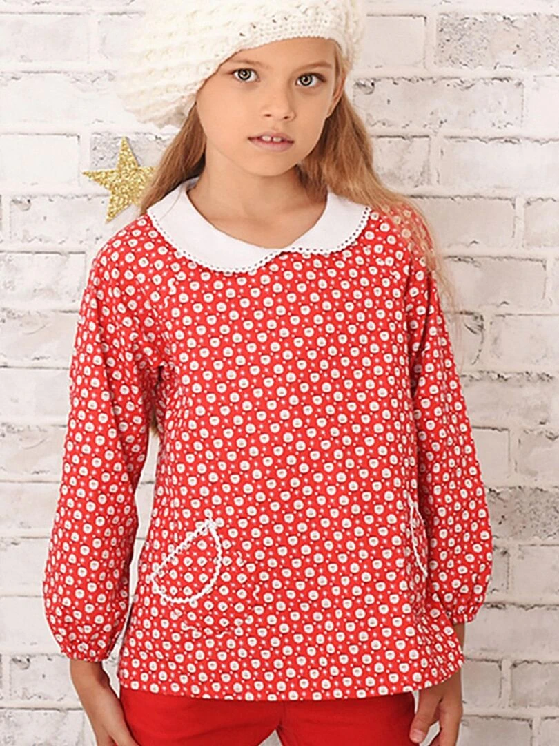 Blouse de Noël Fille Rouge Blanc Col Claudine 'LA FAUTE A VOLTAIRE' Rouge