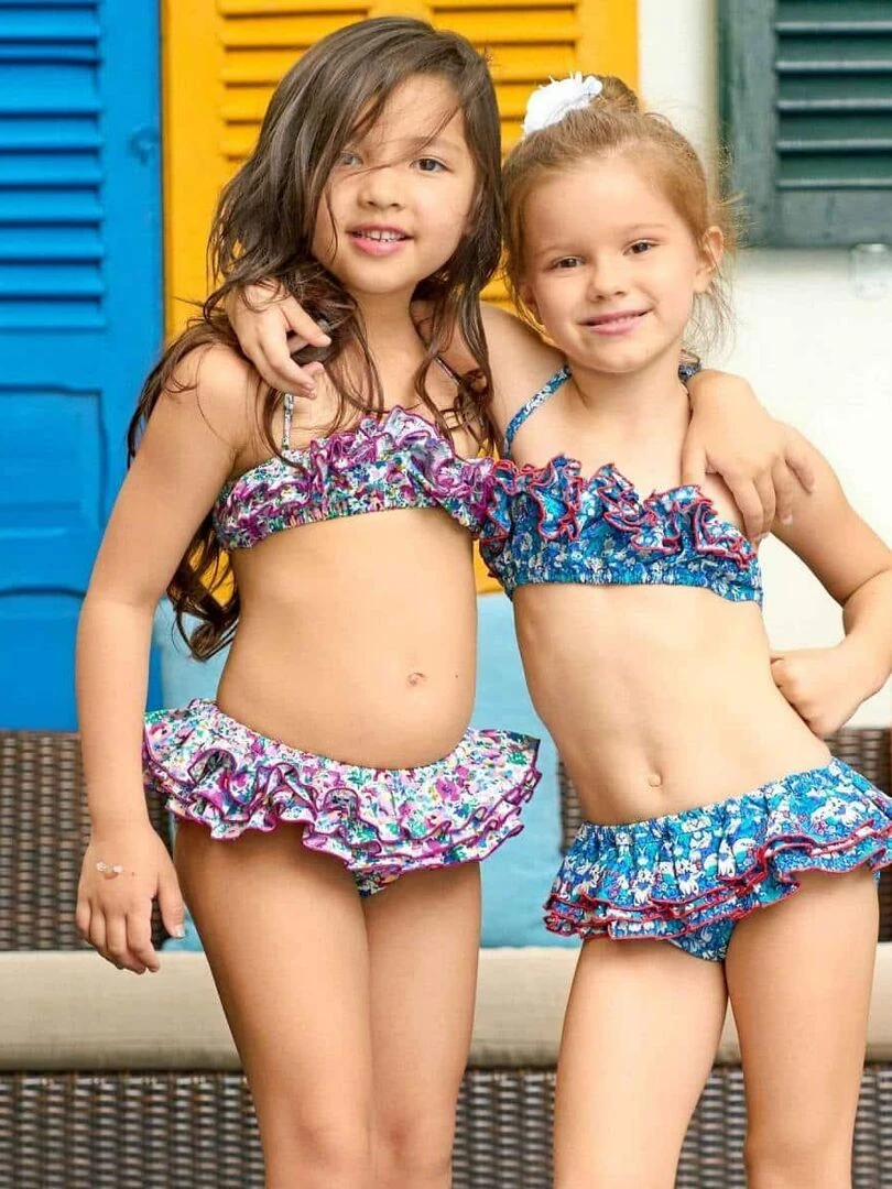 Maillot de Bain 2 Pièces Fille Fleuri Liberty Bleu/Rouge SWAN 'LA FAUTE A VOLTAIRE' Bleu