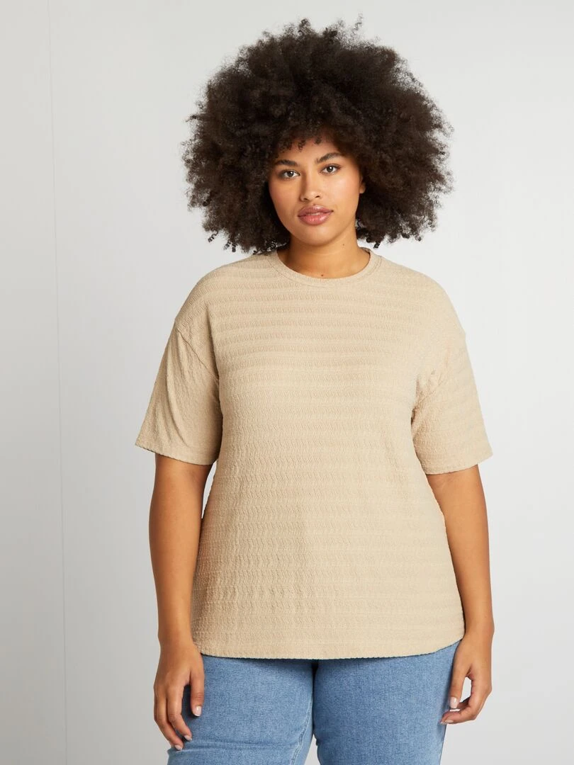 T shirt en matière gaufrée manches courtes   Beige