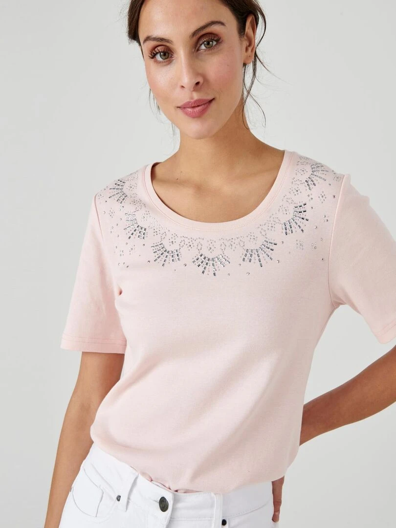 Tee shirt col rond strassé   Damart   Rose pâle