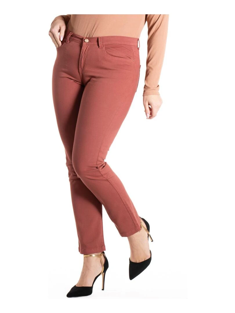 Jeans de couleur coupe droite taille haute stretch 'OBER' Rouge brique
