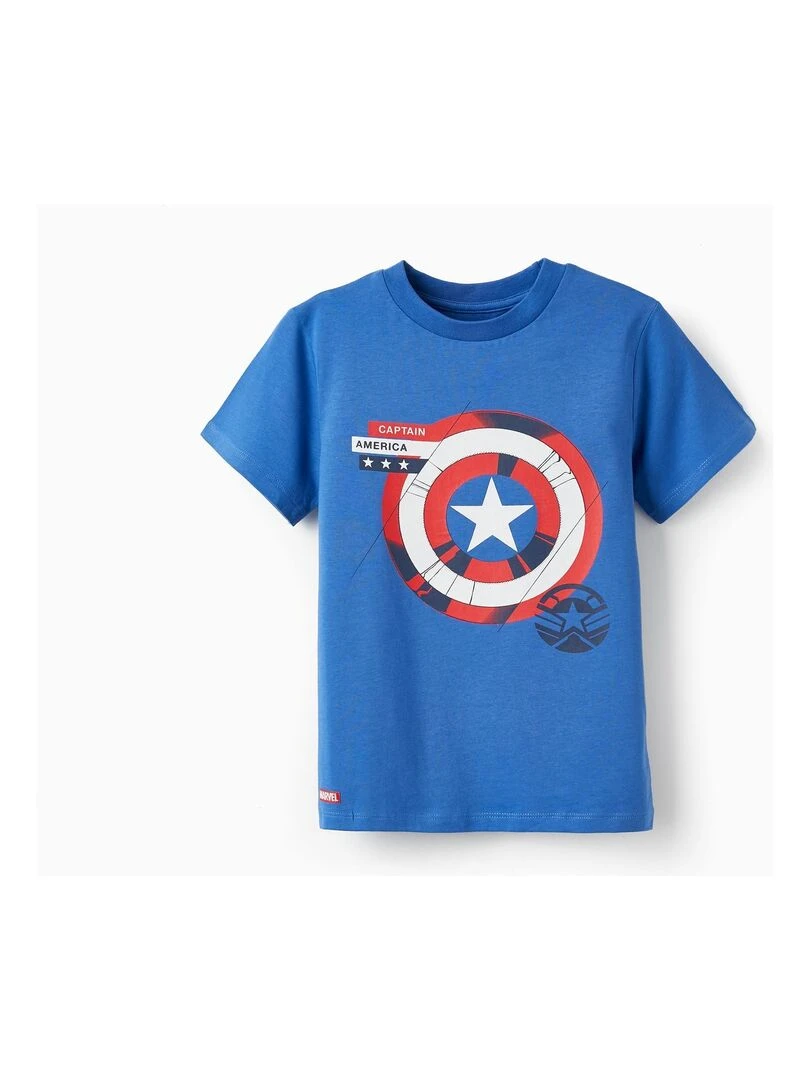 T shirt en coton pour garçon 'Capitaine Amérique' manches courtes Bleu