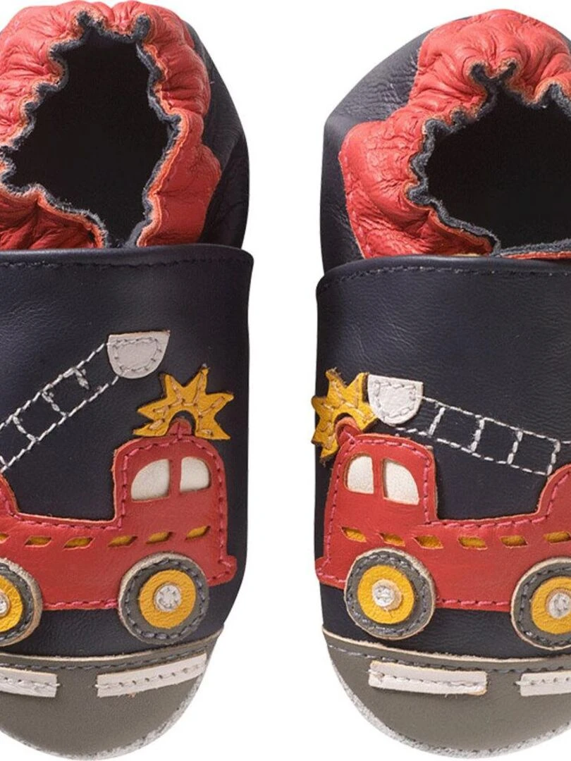 Chaussons bébé cuir souple Xavier le camion de pompier Bleu Bleu
