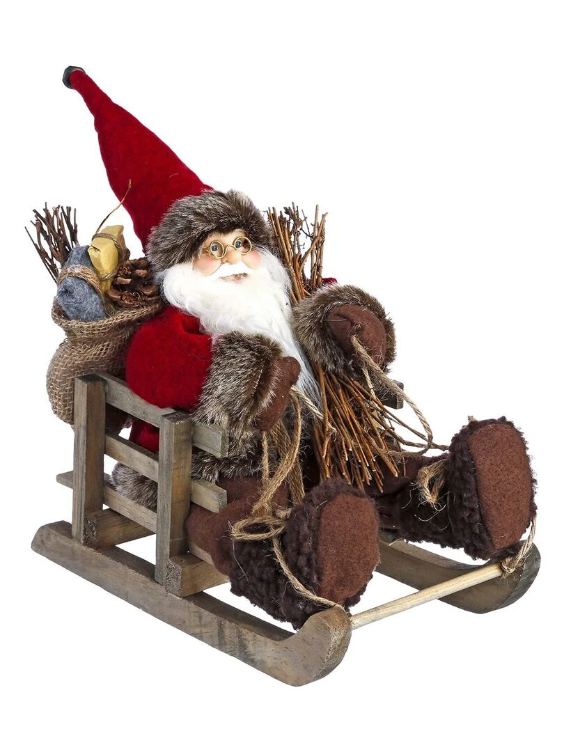 Décoration Père Noël marron sur luge 30 cm Marron