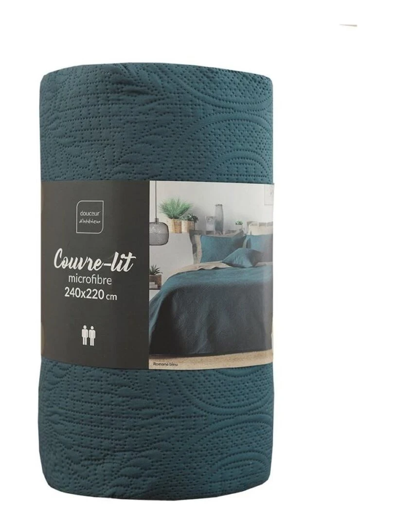 Couvre lit 2 personnes matelassé  microfibre unie Romane bleu   Bleu