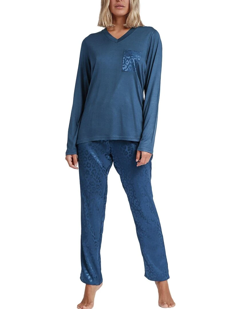 Pyjama pantalon top manches longues Satin Leopard Bleu
