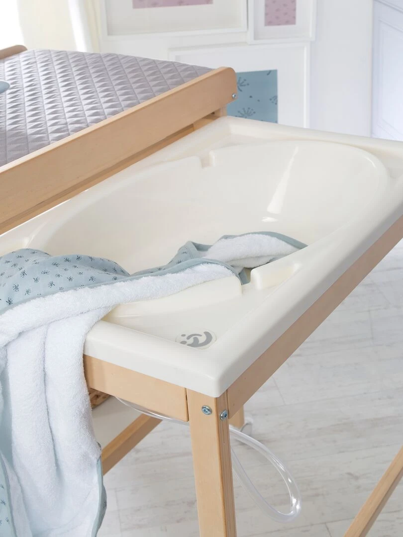 ROBA Table à Langer + Baignoire Extensible + Matelas   1 Compartiment   Bois Naturel   Beige