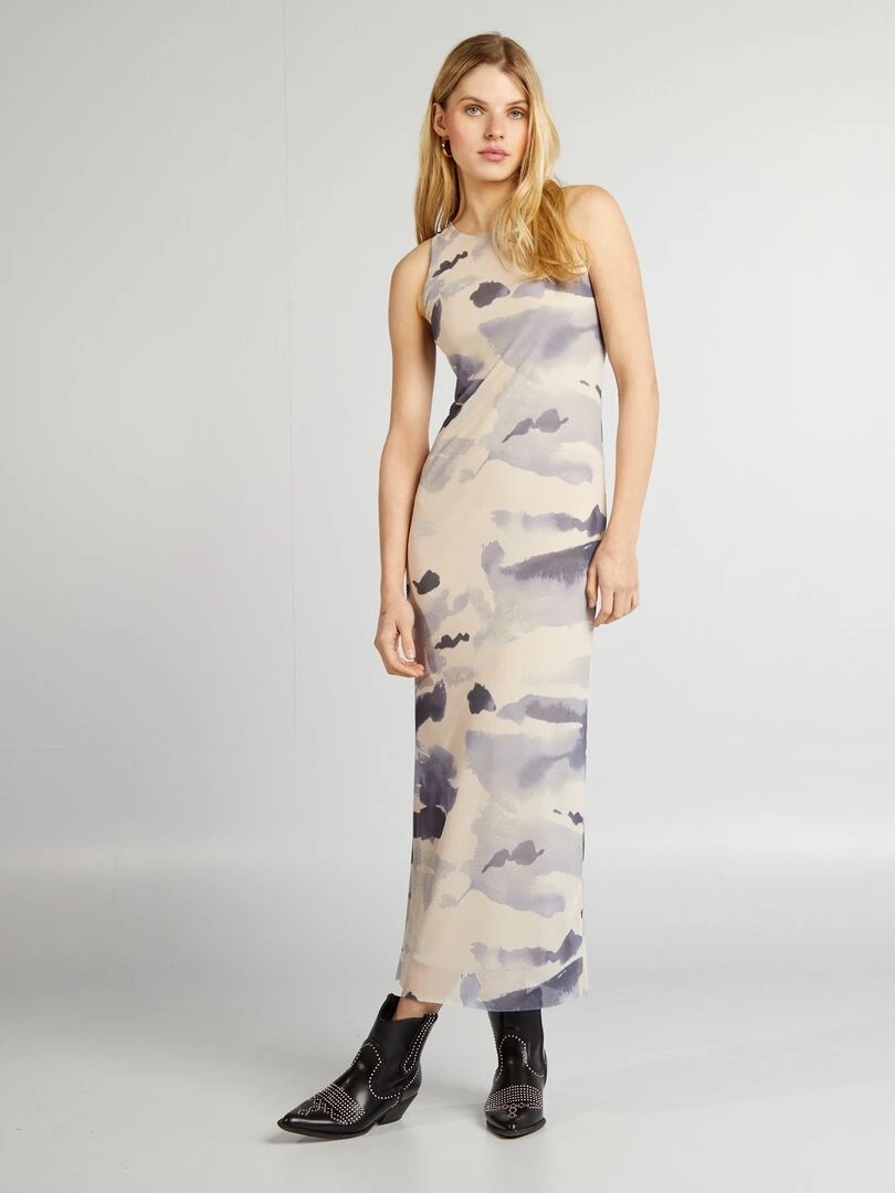 Robe longue près du corps tie and dye Bleu/beige