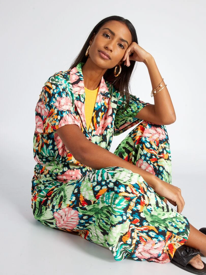 Chemisier col pyjama et imprimé tropical Vert tropical