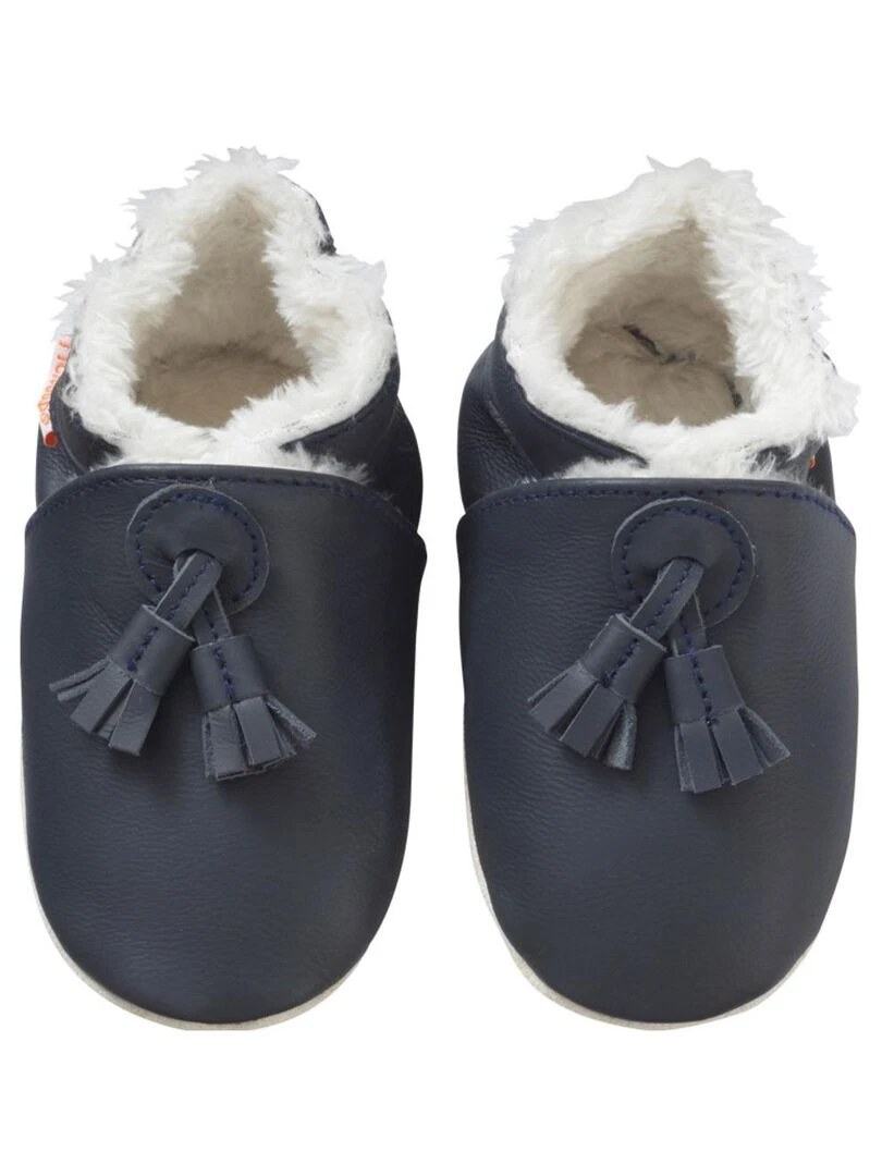 Chaussons cuir souple marine à pampilles fourrés Bleu Bleu