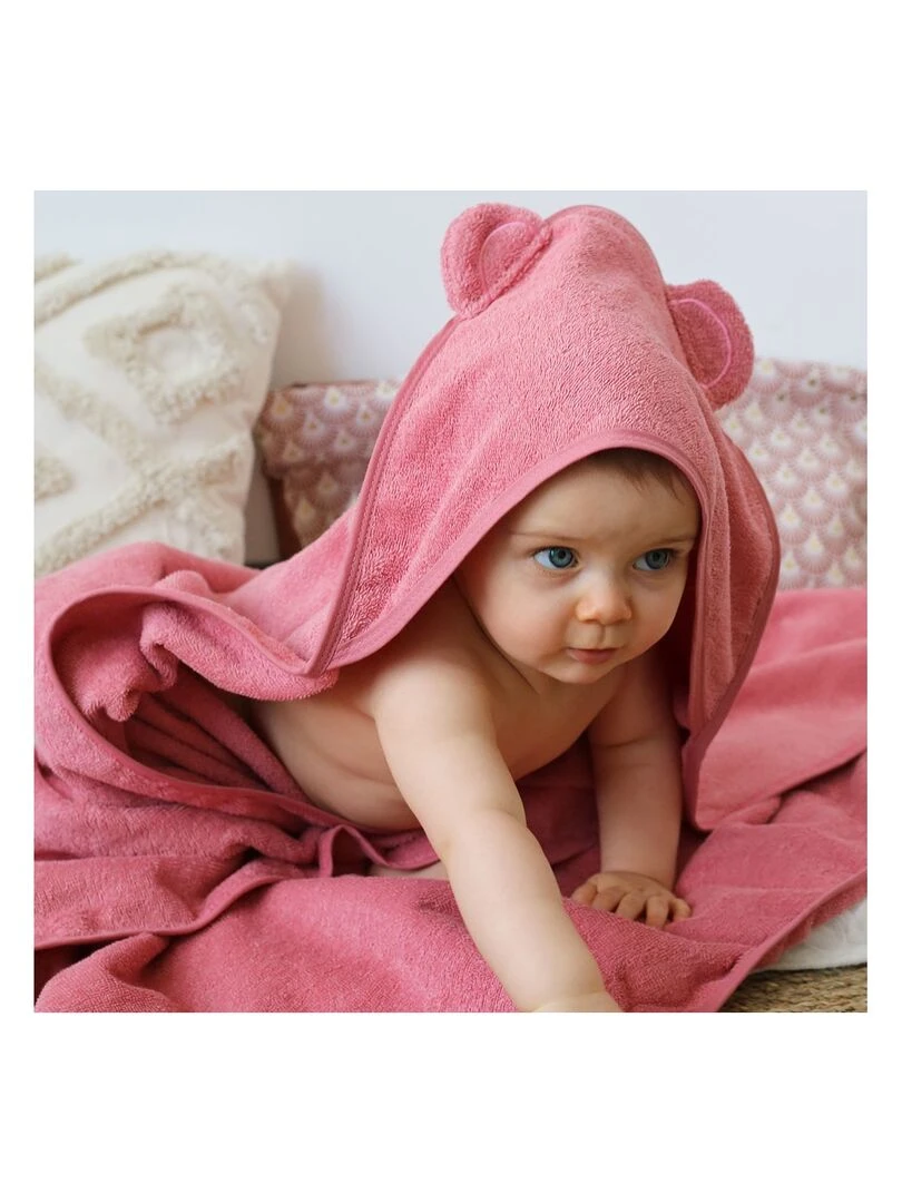 Cape de bain + gant ours rose (100 x 100 cm)   Rose