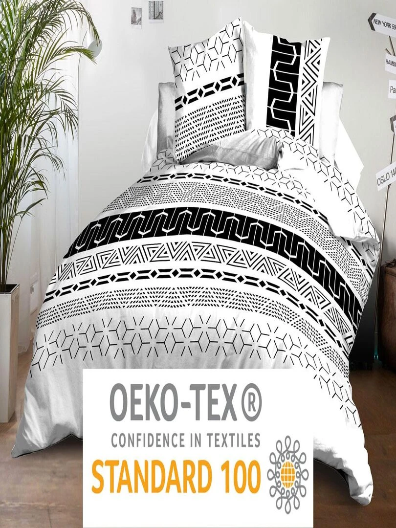 Parure Drap plat + drap housse 140x190 + 2 Taies Microfibre   Entretien Facile   Graphic   Noir Blanc