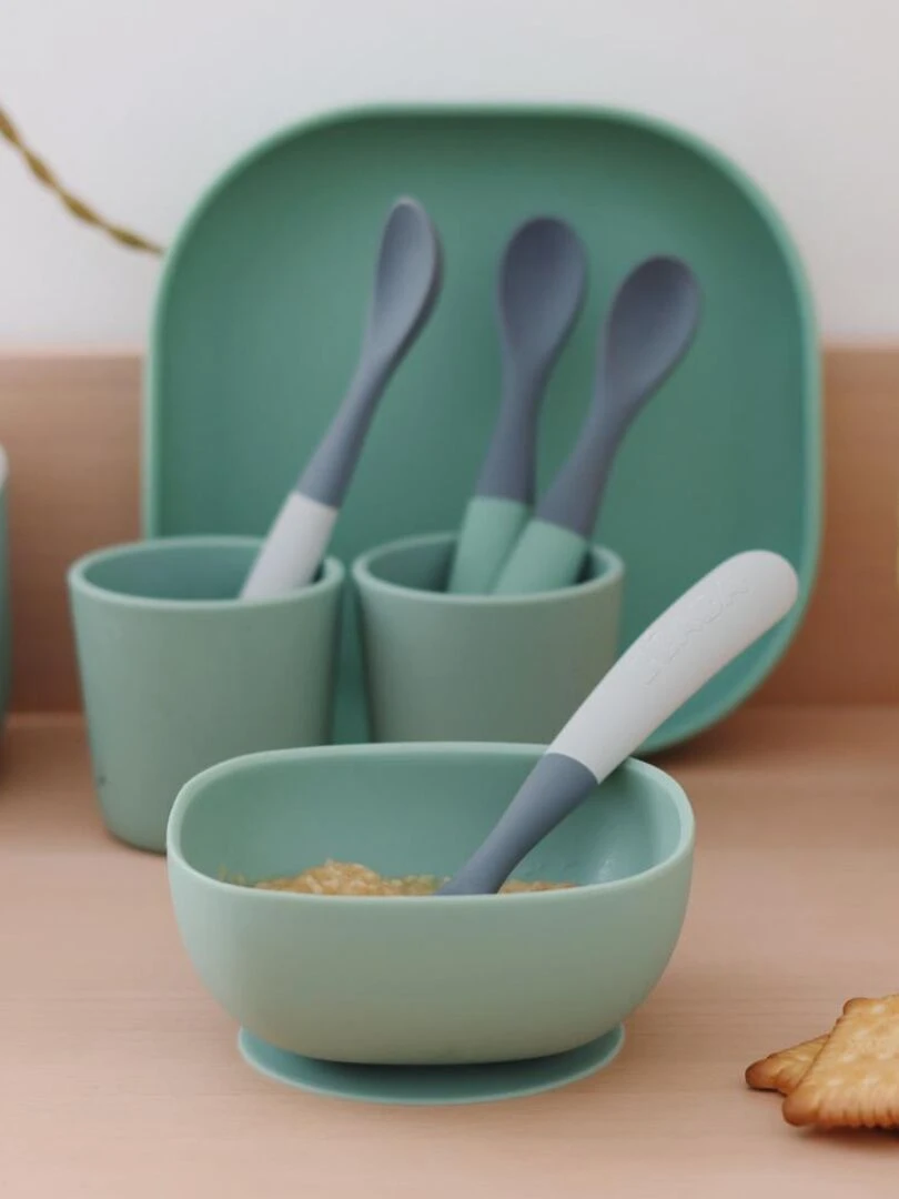 Lot de 4 cuillères 1er âge silicone bi ton mineral/sage green   Vert