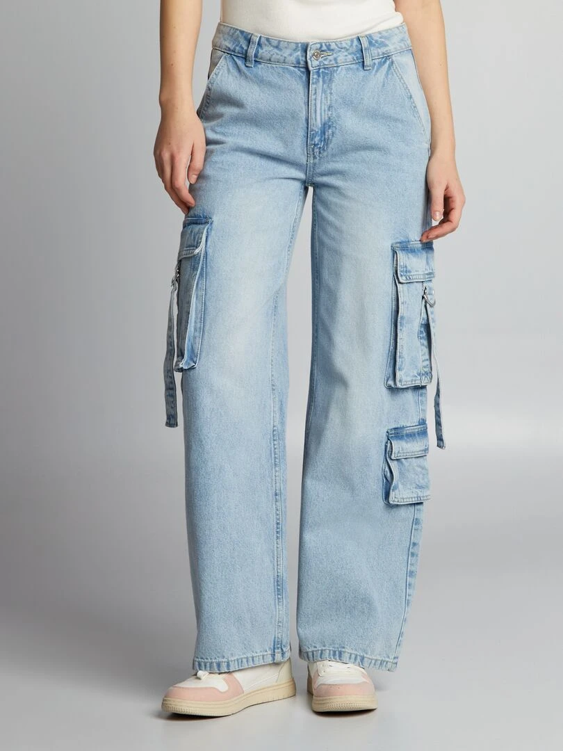 Pantalon en denim multipoches à liens Bleu clair