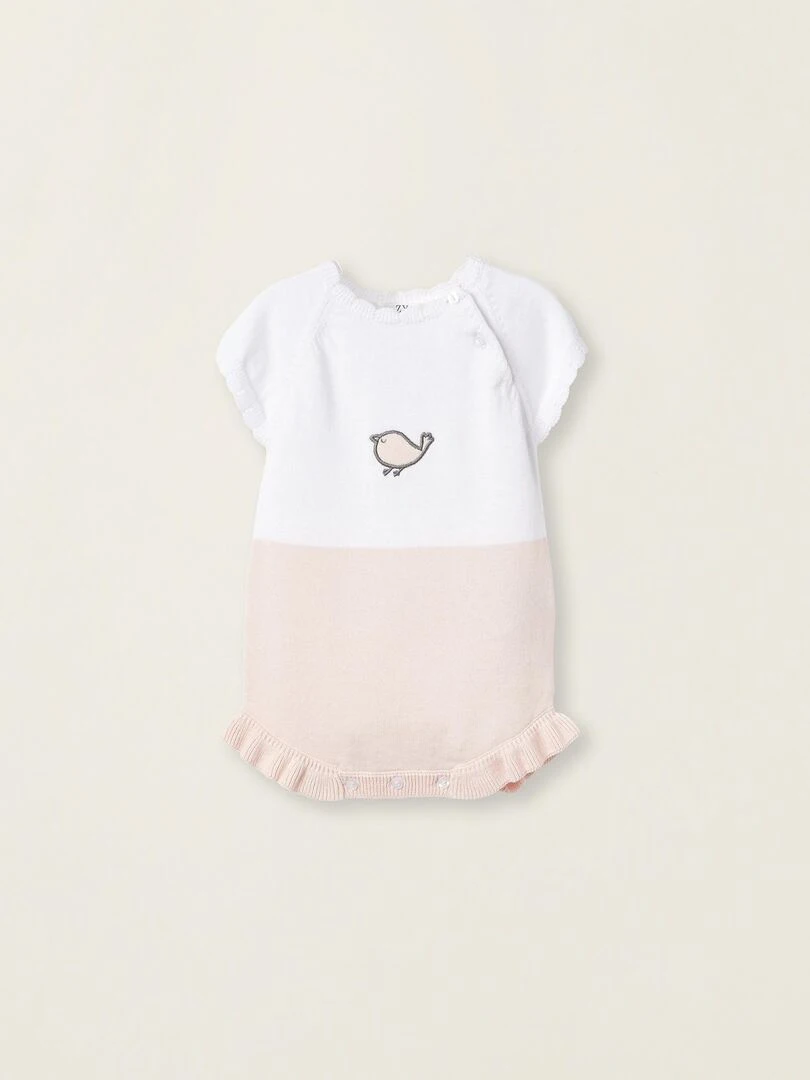 Combishort En Maille Pour Nouveau Née 'Oiseau' manches longues EARLY BLOOM Rose clair