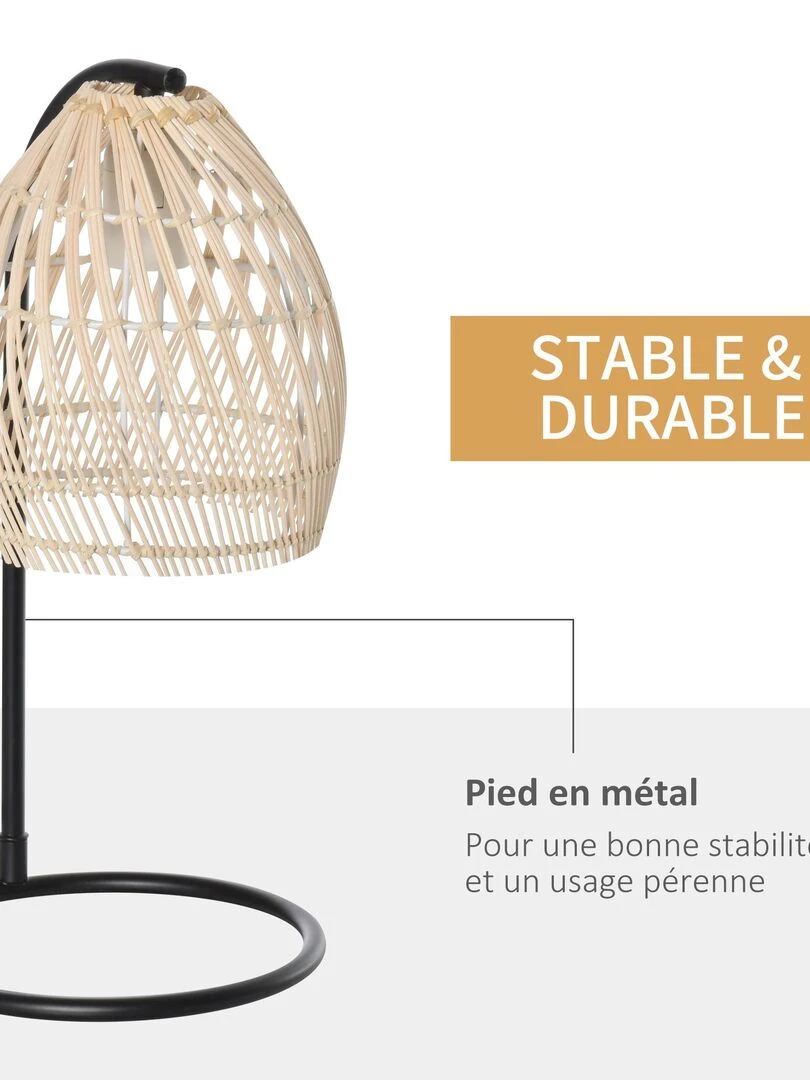 Lampe de table arquée style néo rétro rotin naturel métal noir   Beige