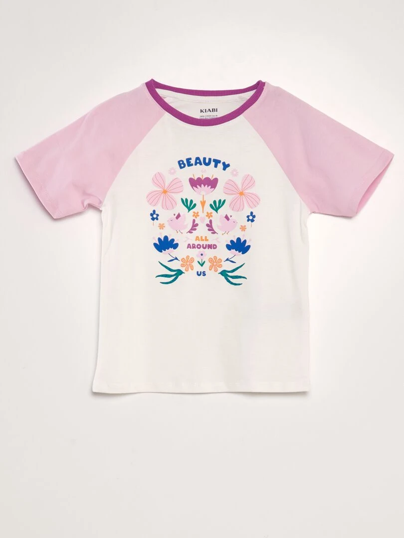 T shirt en coton à col rond Blanc/rose
