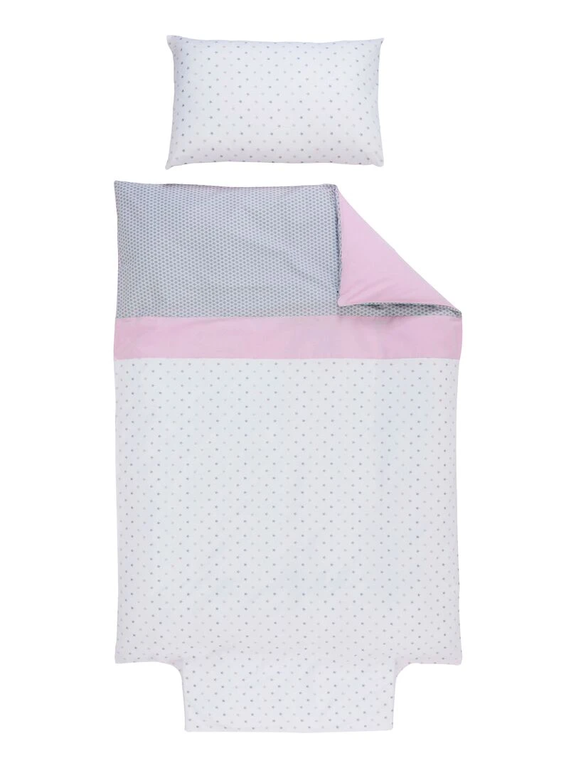 Parure de lit housse de couette brodée + taie Coton bio 'P'tit Basile' Rose clair
