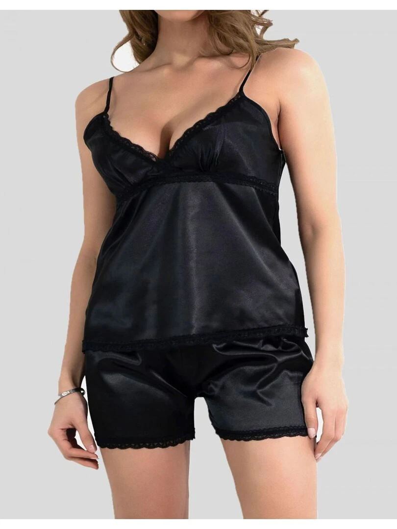 Ensemble pyjashort fines bretelles en satin Kebello Noir Noir