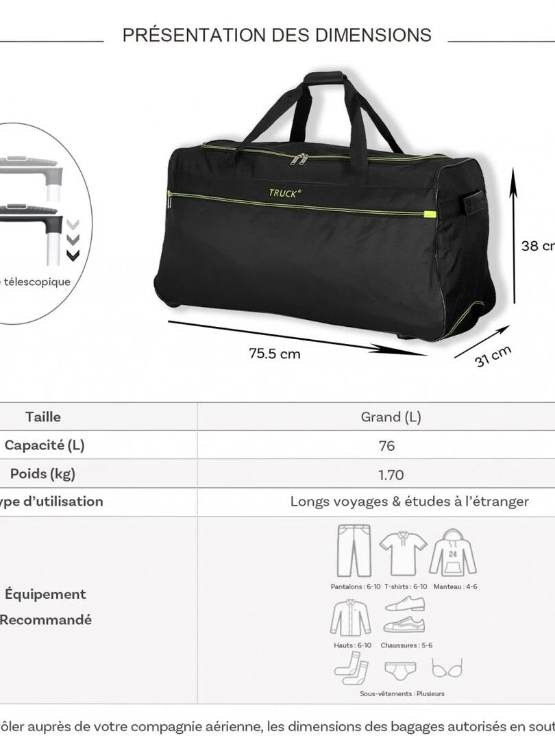 Sac de voyage avec roulettes 76L polyester taille L 75 Noir