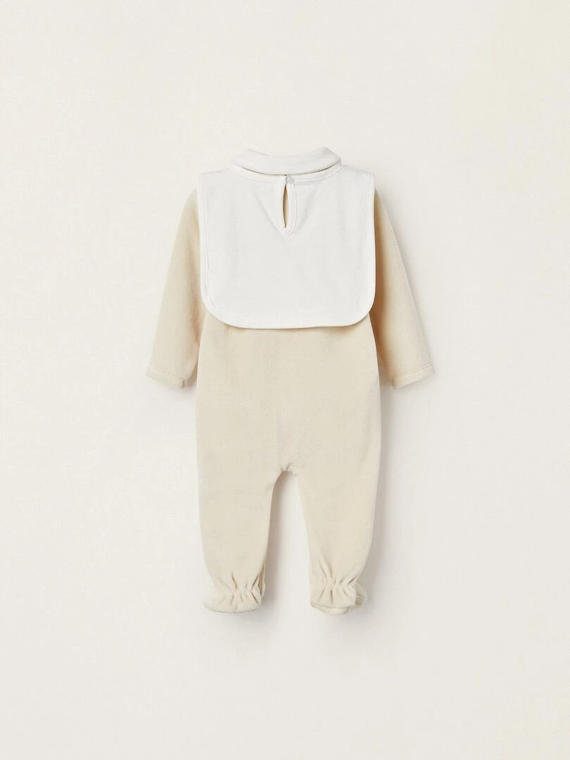 Combinaison en velours + Bavoir pour Nouveau né 'Lapin' manches longues EARLY BLOOM Beige clair
