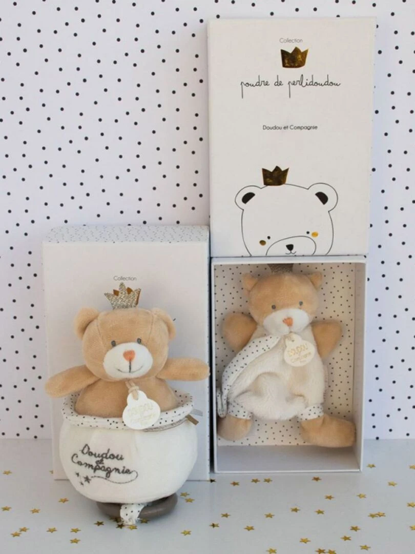 Coffret doudou attache sucette Ours petit roi Poudre de Perlidoudou   Ecru