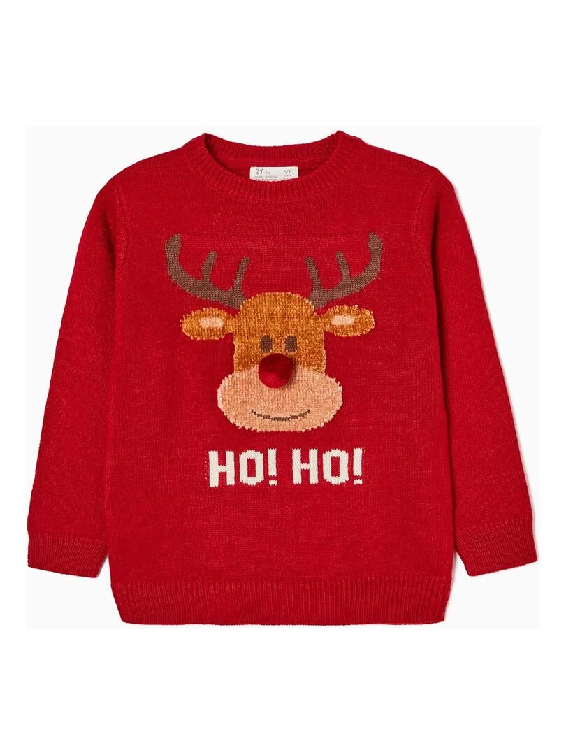 Pull Noël avec Pompon Enfant 'Renne' NOËL Rouge