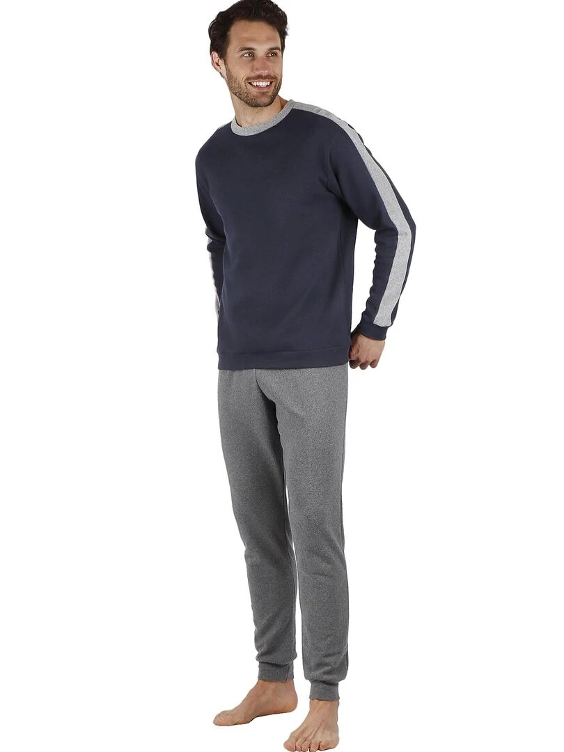 Pyjama pantalon et haut manches longues Solid Bleu marine