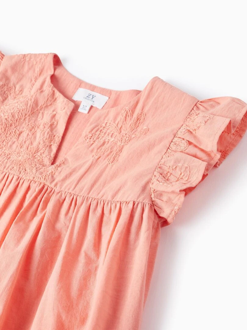 Tunique En Coton Avec Broderies Et Volants Pour Fille manches courtes   Rose